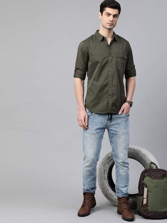 Olive Green Shirt Combination with Blue Jeans